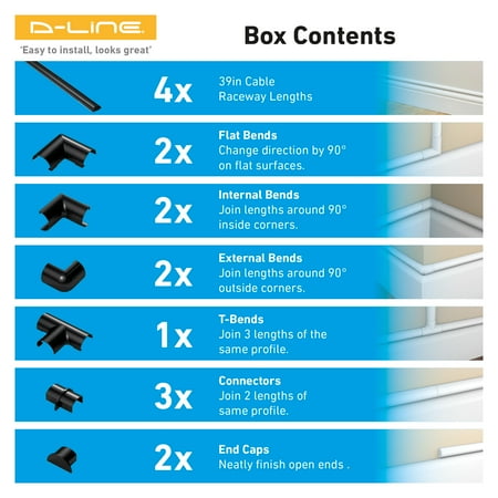 D-Line Black Half Round Cord Cover Pack, 0.78x0.39in, 4x 39in Lengths