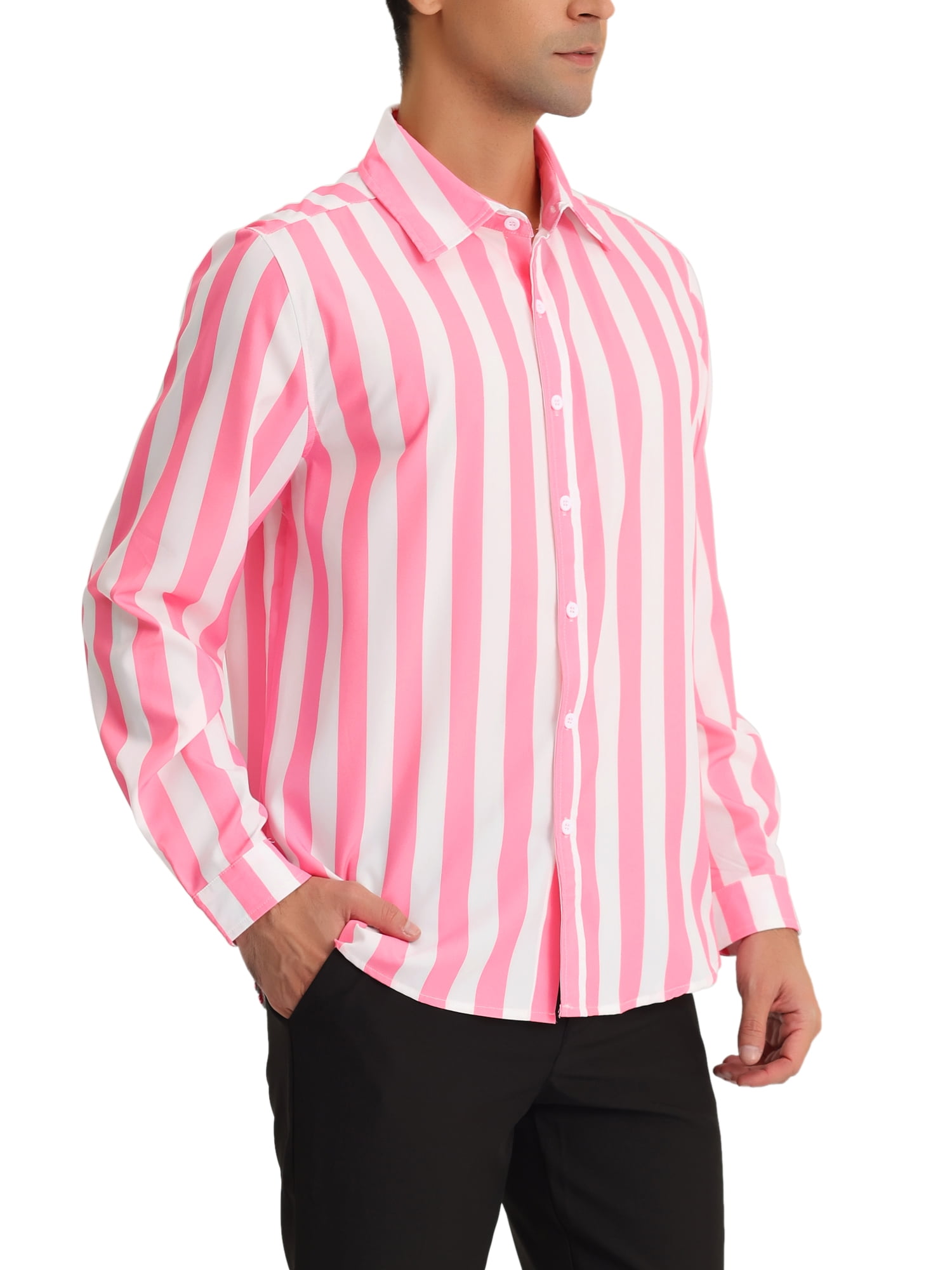 Unique Bargains Men's Casual Striped Long Sleeves Button Down Dress Shirts M Pink White