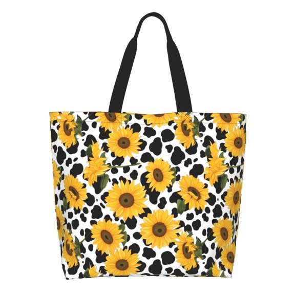 Easygdp Cow Print Sunflower Tote Bags for Women,Women Travel Shoulder Bags Handbags，Big Capacity Shopping Work Bag