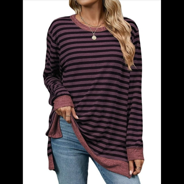 Camisa Informal de Larga A Rayas para Mujer, , con Cuello Redondo, Ajustada, Holgada, Básica Rojo y Negro M