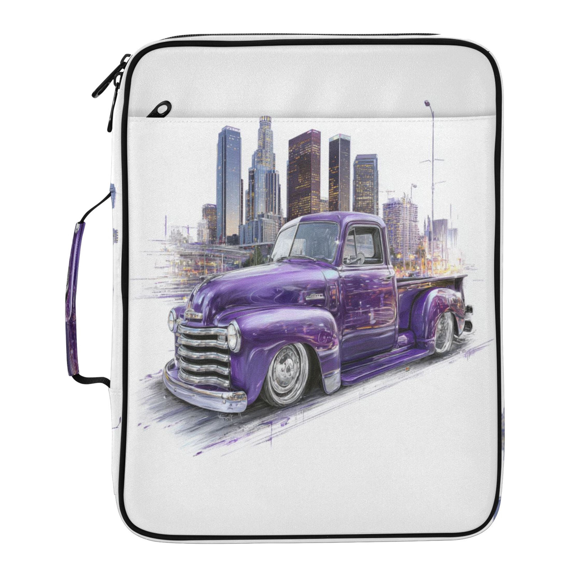 3 Ring Zipper Binder with Accordion File Organizer Waterproof Back to College Binder - 7 Layer Document Organizer for Study Home Office College Travel Supplies Vintage Purple Truck