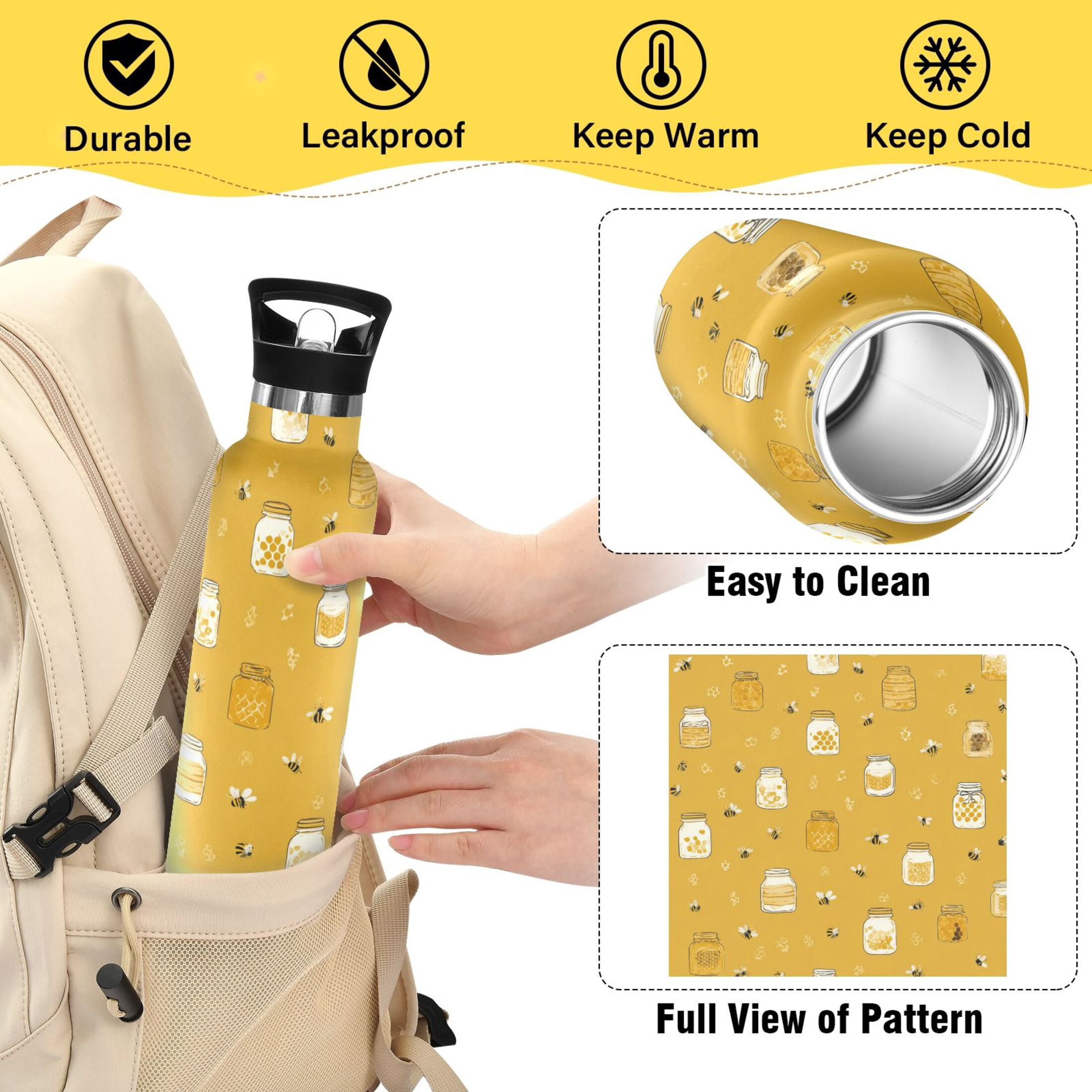 Kids Insulated Stainless Steel Sports Water Bottle 600ml Honey Jars and Bees Pattern