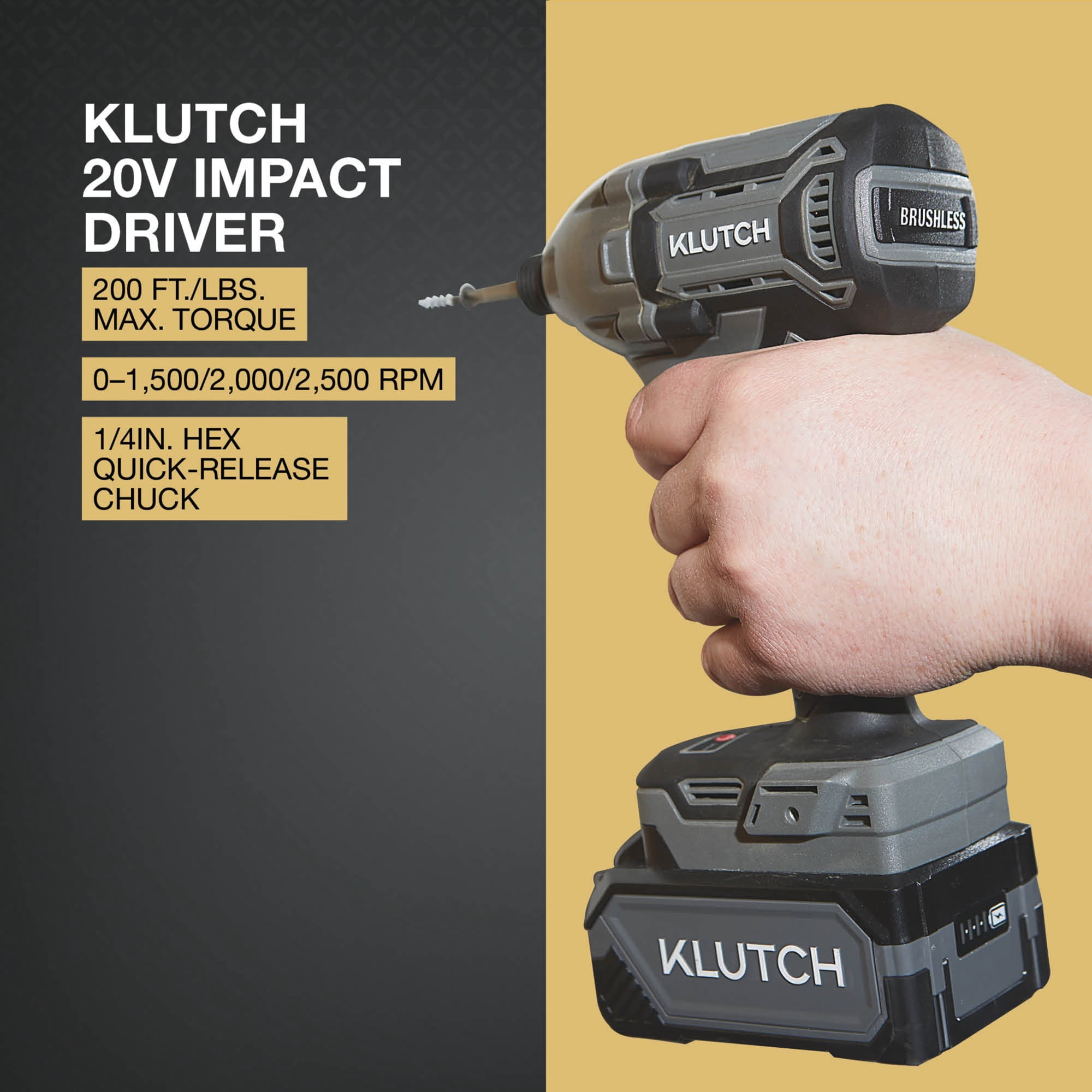 Klutch 1/4in. Impact Driver Kit, KLiQ 20V, 200 Ft./Lbs. Breakaway Torque, Brushless, Cordless, 2.0Ah