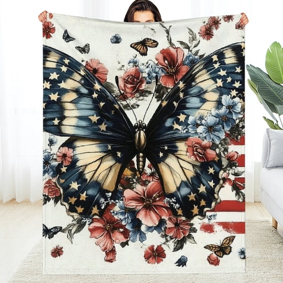 RKSupls Patriotic Butterfly Floral Print Soft Flannel Throw Blanket, Lightweight Fuzzy Warm Cozy Blanket for Couch Bed Home Travel Decor