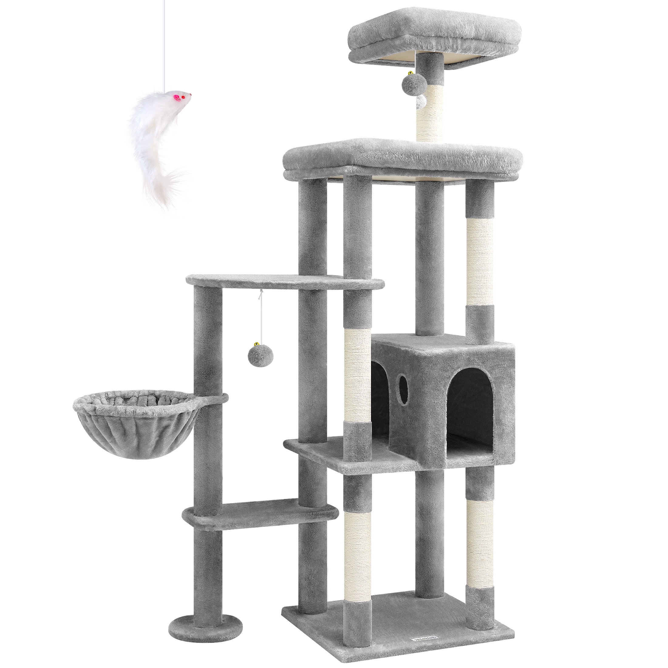 CT66F Extra Large Cat Tree | 65" Tall Indoor Cat Tower for Large Adults, Featuring 5 Scratching Posts, 2 Perches, Spacious Condo, and Hanging Basket in Light Grey
