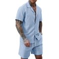 thumbnail image 2 of Men'S Camp Collar Jacquard Button Up Shirt and Drawstring Shorts Two Piece Outfit Light Blue L, 2 of 9