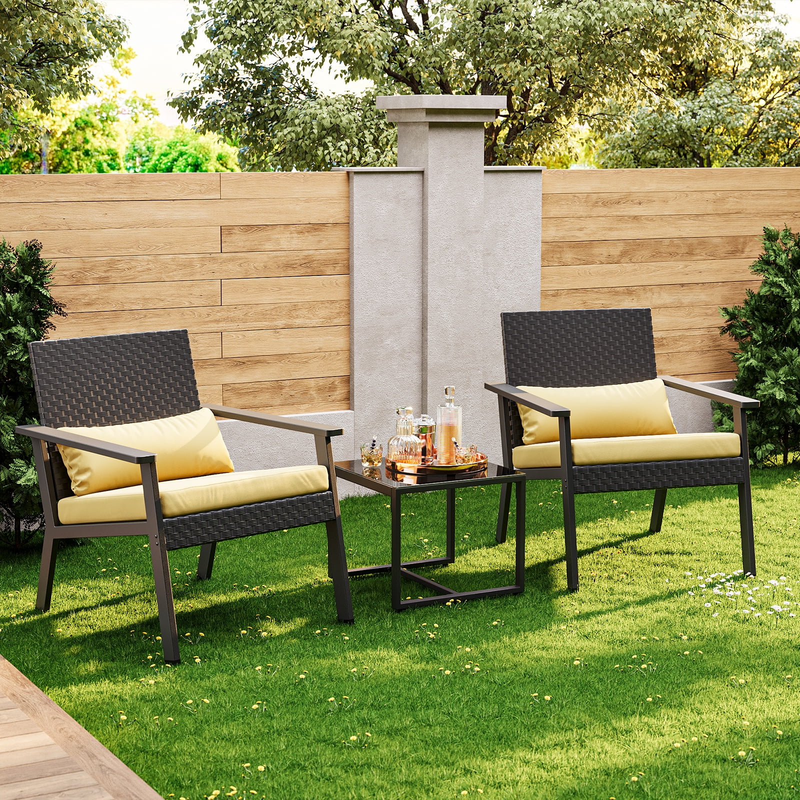 Asofer Patio Furniture Set, 3 Pieces Wicker Patio Bistro Set with Glass Table and Cushion for Balcony, Porch, Lawn, Beige