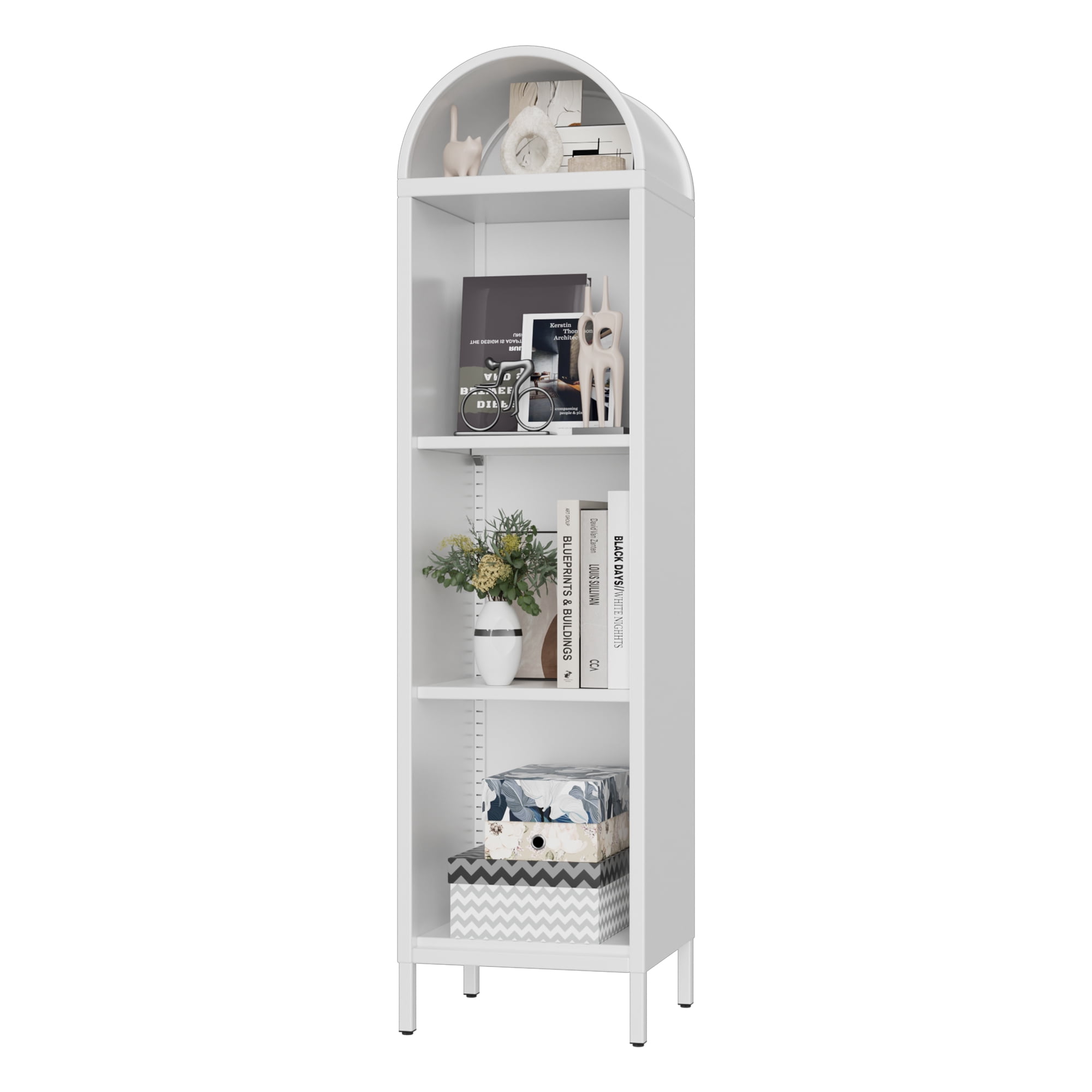 Aobabo Metal Arched Bookcase with 2 Adjustable Shelves,4 Tier Arch Display Bookshelf for Home, Office, Study Room, Assembly Required,White,15.35"D x 16.26"W x 63"H