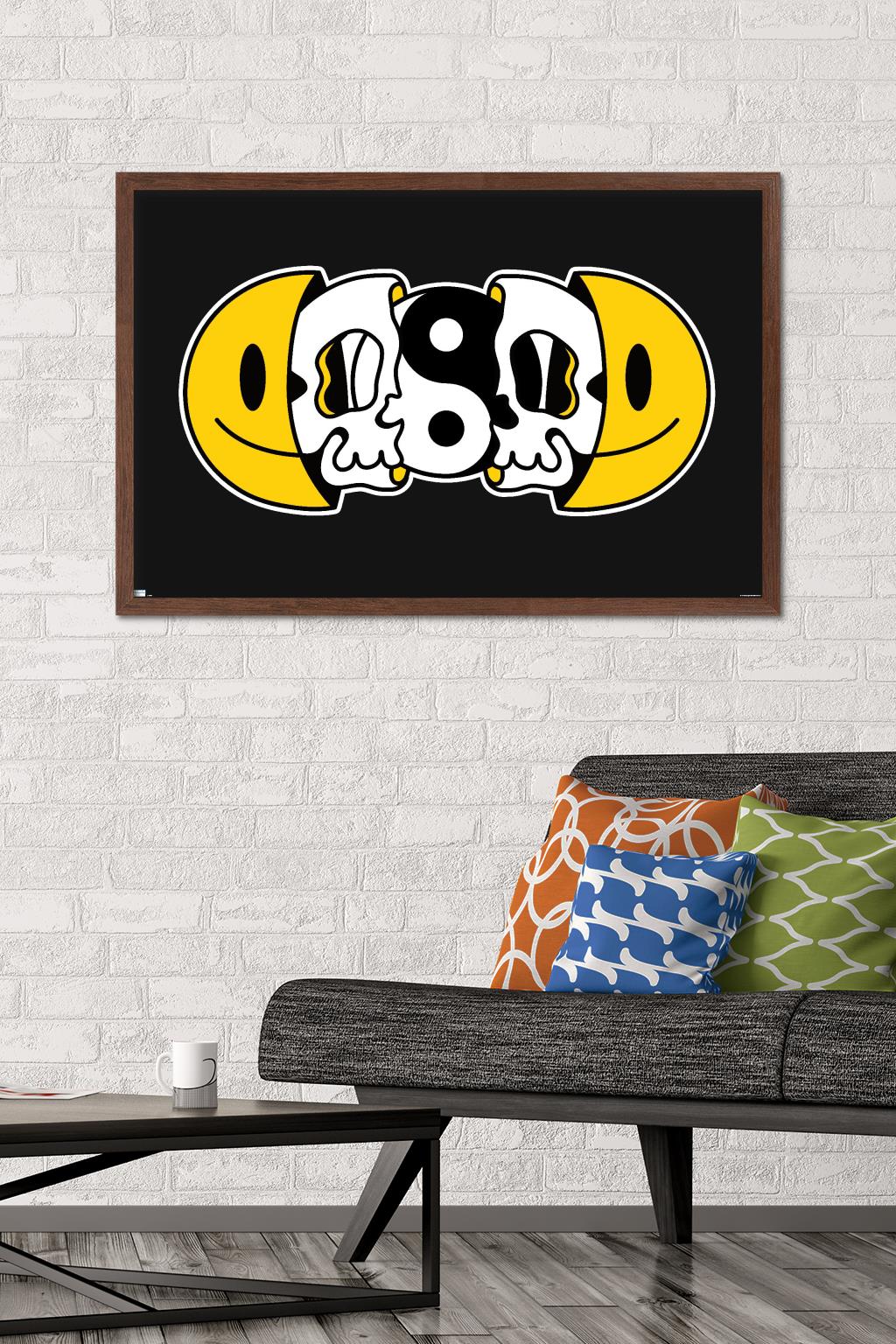 Yin Yang Smile Face Skull Wall Poster, 22.375" x 34" Framed