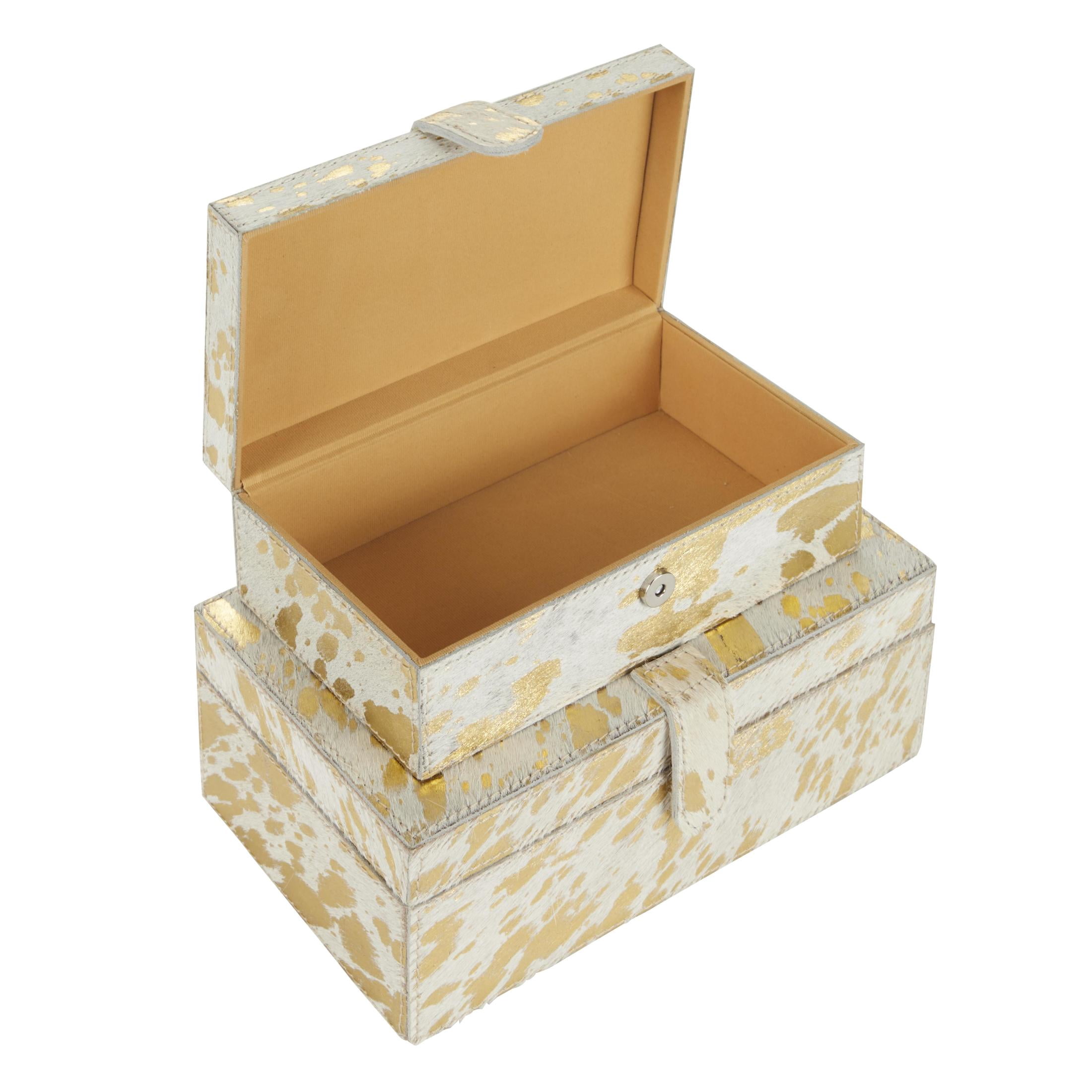 DecMode Handmade Gold Leather Decorative Box with Snap Front Closure and Detailed Stitching, 2 Count