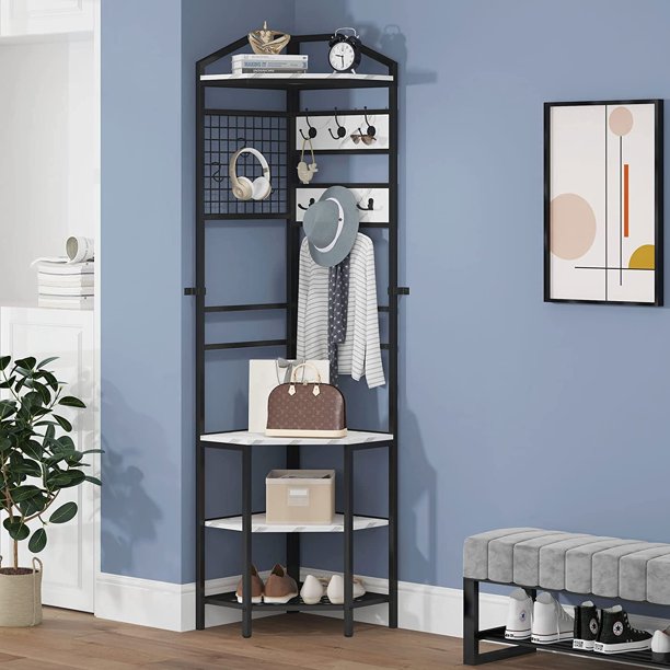 HANTU Corner Hall Tree, Industrial Corner Coat Rack with Hooks and Storage Shelf for Entryway