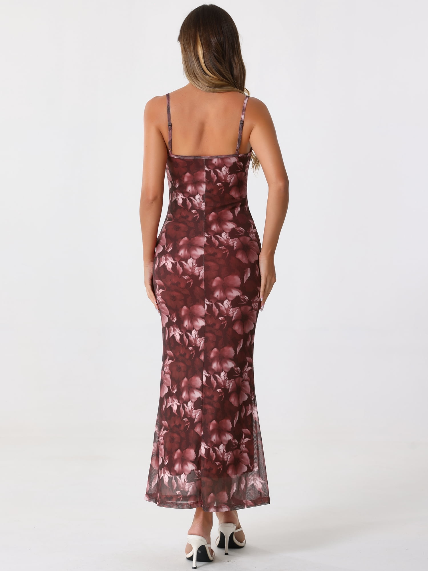 DARING DIVA Floral Maxi Spaghetti Strap Bodycon Dress M Burgundy