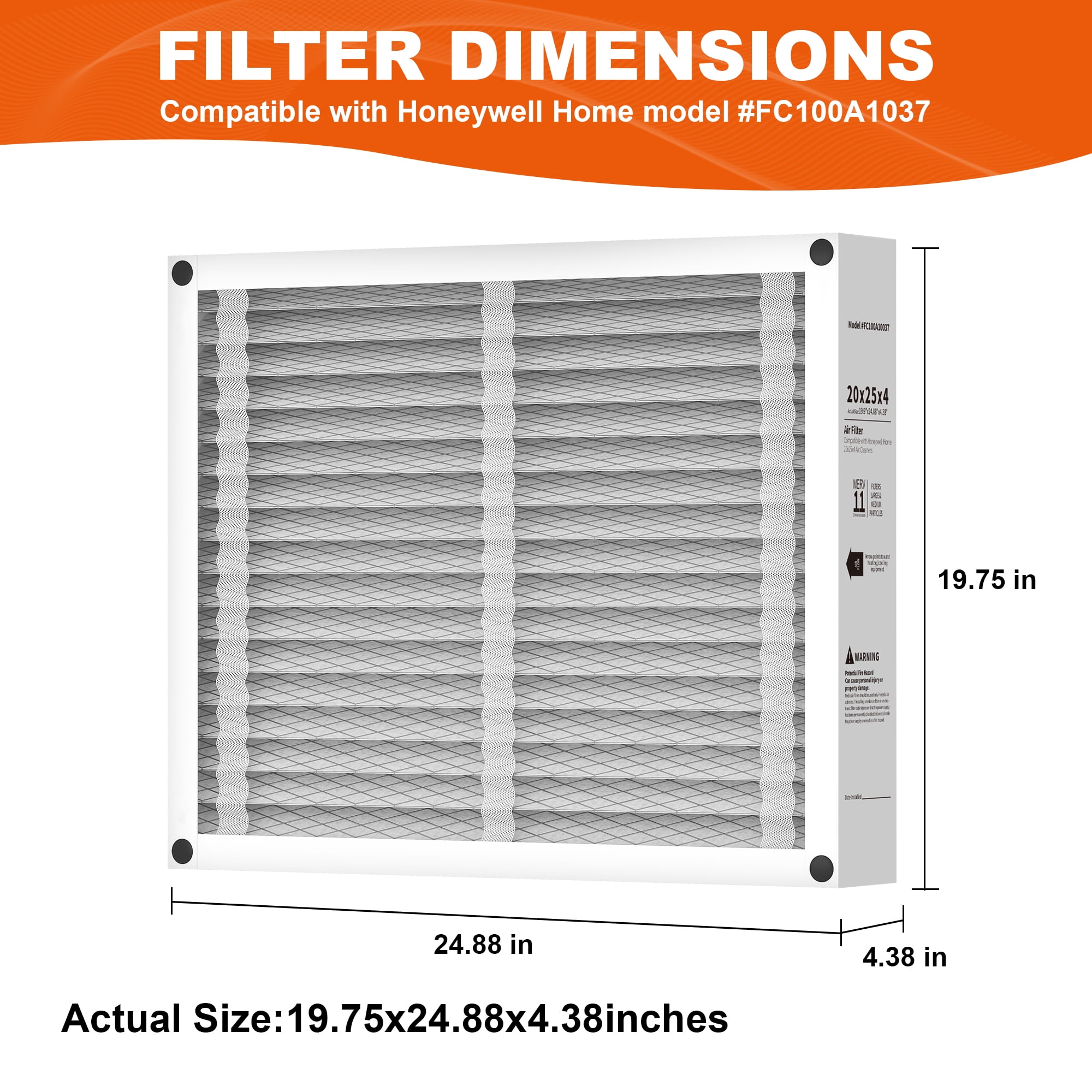 20x25x4 Air Filter Replacement, Compatible with Honeywell FC100A1037 HVAC AC Furnace MERV 11 Filters, Actual Size: 19.75’’x24.88’’x 4.38’’-2PACK