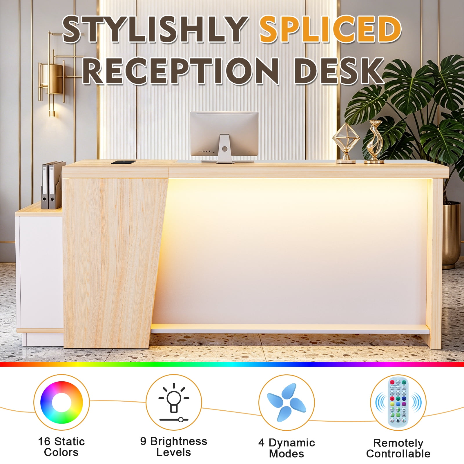 Vakiorn L Shaped Reception Desk with LED Lights Hidden Power Outlet Modern Front Desk Combination Lock Cabinet for Lobby Beauty Salon Spa Office