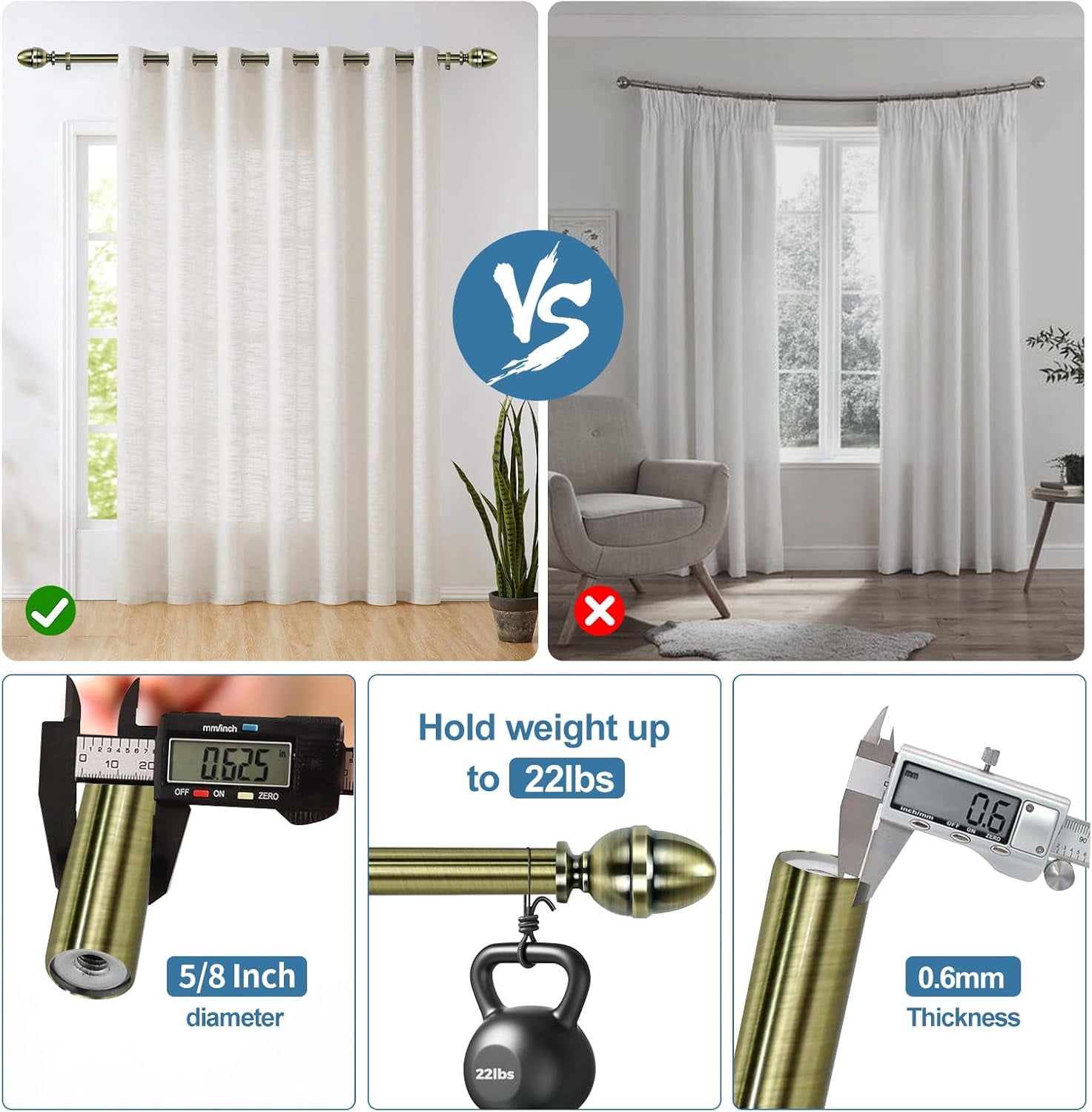 Urbanest Adjustable Single Curtain Rod Set Acorn Finials – 5/8-Inch Diameter, With Antique Brass Rod, 48–84 Inches