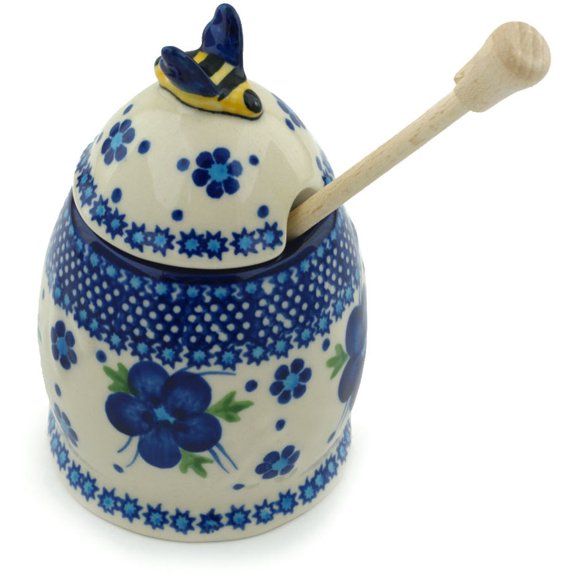 Polish Pottery 5¼-inch Honey Jar with Dipper (Bleu-belle Fleur Theme) Hand Painted in Boleslawiec, Poland + Certificate of Authenticity