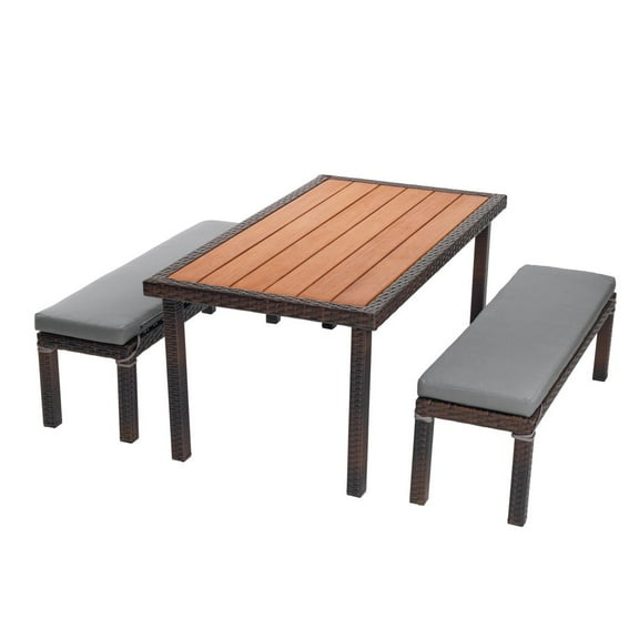 Excellerations Outdoor Wicker Dining Set, 3-Piece Set with Table and 2 Benches (Preschool Height)