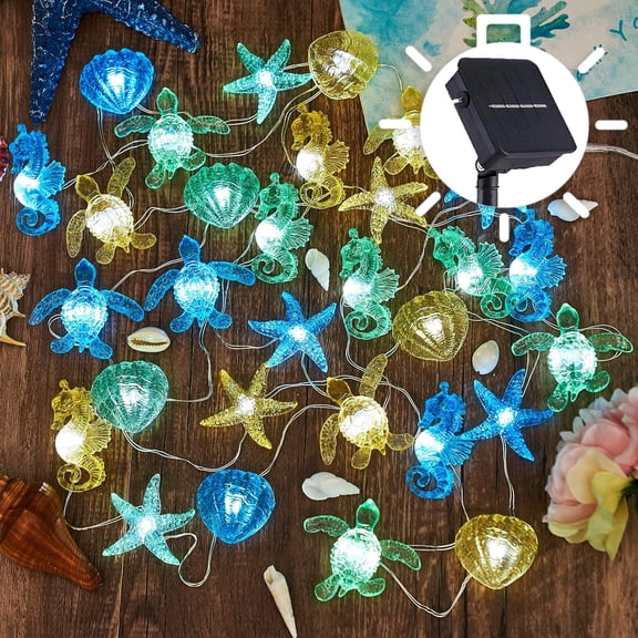 Coastal Solar String Lights Outdoor Garden Lights Marine Life Solar Fairy Garden Lights for Outside 14ft 40LED Waterproof Turtle Seahorse Starfish Clam Beach House Nautical String Lights Yard Decor