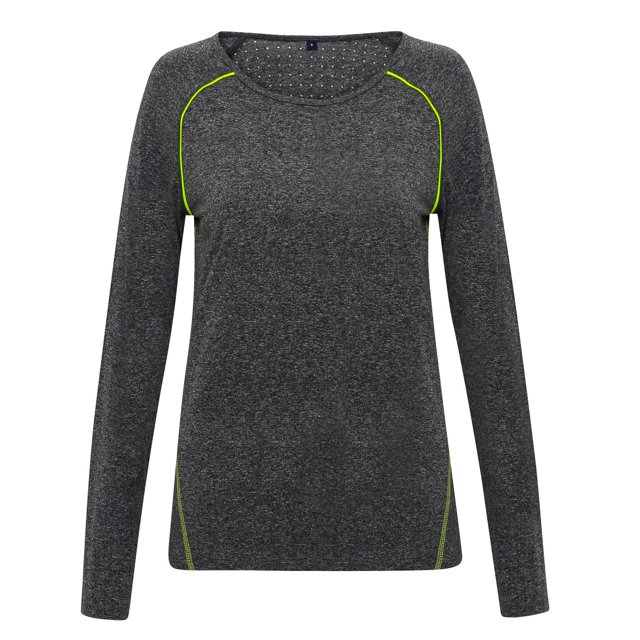 Tri Dri - Top Camiseta deportiva de manga larga y cuello amplio para mujer señora (Negro Jaspeado)