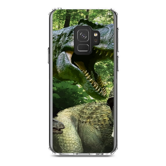DistinctInk Clear Shockproof Hybrid Case for Samsung Galaxy S9 (5.8" Screen) - TPU Bumper, Acrylic Back, Tempered Glass Screen Protector - T-Rex Dinosaurs Raptor