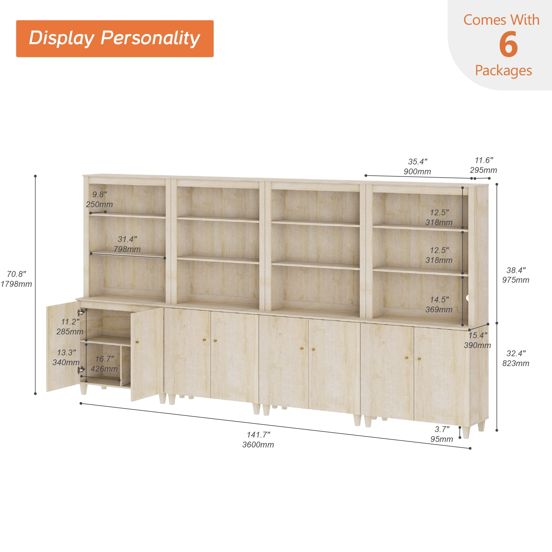 Modern 71" Tall Bookcase with Cabinets, 4 Columns 5-Tier for Home Office,Natural Oak