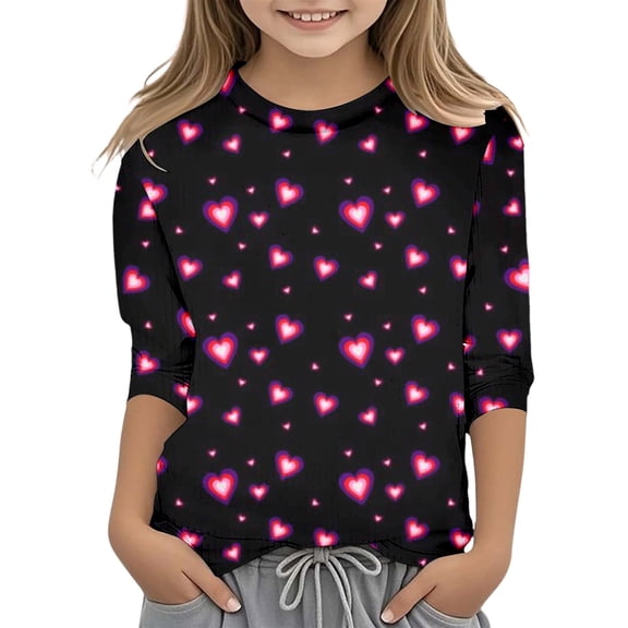 Gunia Valentines Shirts For Kids Boys Girls 3/4 Sleeve Love Heart Graphic Crew Neck Casual Breathable Soft Valentine'S Day T-Shirt Kids Tee Tops 3-14 Years Black