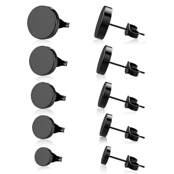 Black Stud Earrings for Men Women Stainless Steel Mens Earrings Hypoallergenic Round Earring Studs Set 5 Pairs 4mm-8mm