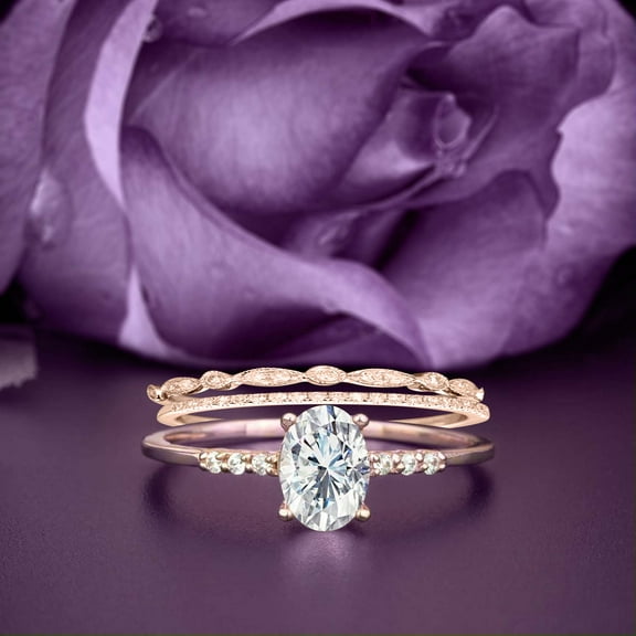 Beautiful Unique Art Deco 2.50 Carat Oval Cut Diamond Moissanite Engagement Ring, Classic Wedding Ring, Two Matching Band in 925 Sterling Silver With 18k Rose Gold Plating Gift For Her, Promise Ring