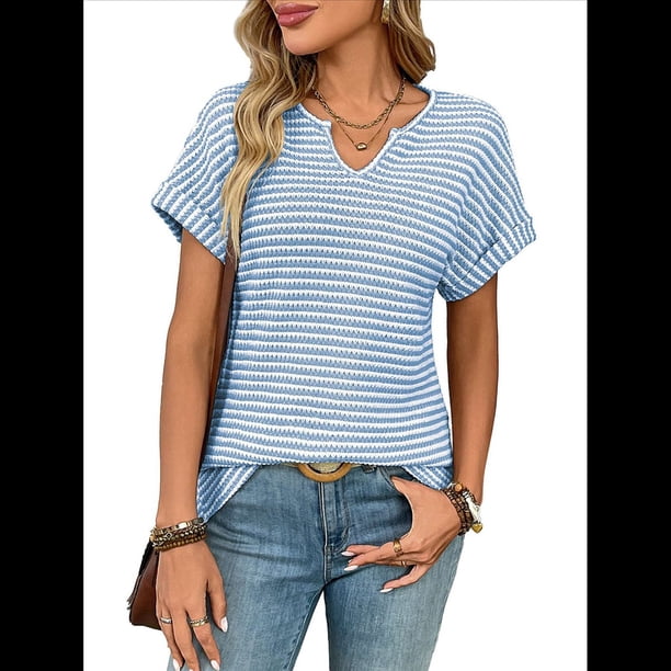 Blusas Elegantes e Informales de Corta para Mujer, Modernas, de Verano, con Cuello en V, Holgadas y A Rayas. Azul S