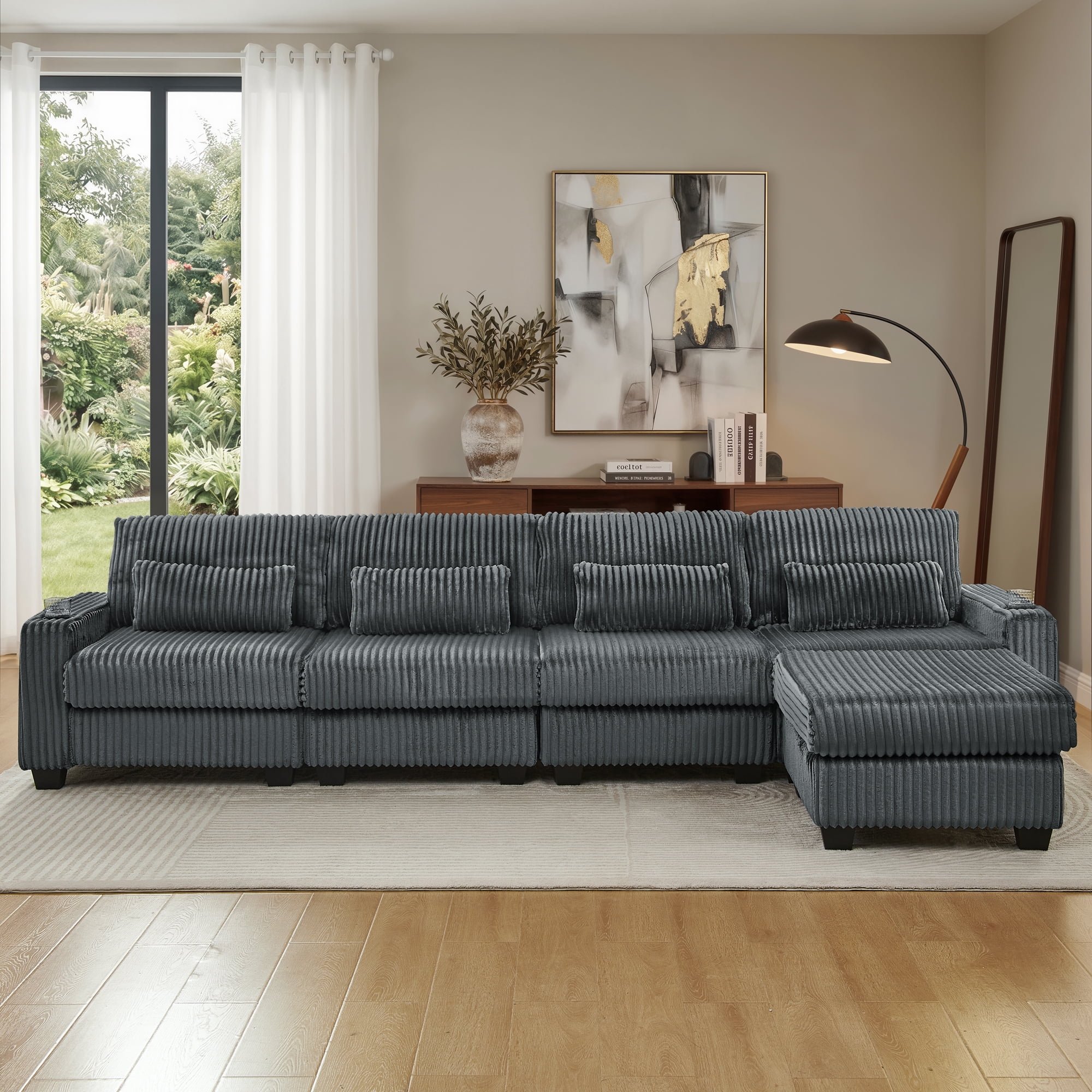Modular L-Shaped Sectional Sofa with Detachable Ottoman Footrest and Cup Holders, Corduroy 4-Seater Sofa Couch with Side Storage Pockets and Sturdy Plastic Support Feet for Living Room