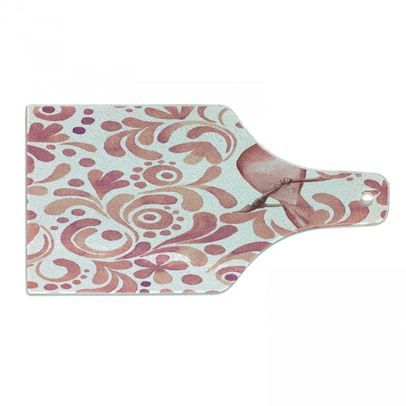 Watercolor Cutting Board, Bird on Tree Branch Floral Swirls Curves Little Dots Wildlife, Decorative Tempered Glass Cutting and Serving Board, Wine Bottle Shape, Coral Dried Rose White, by Ambesonne