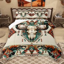 Homewish Vinatage Bull Skull Bedding Comforter Set,Retro Bohemain Tribal Twin Comforter Sets,Beige Cyan Orange Bedding Set For Boys Kids,Breathable Home Decor Reversible,2pcs