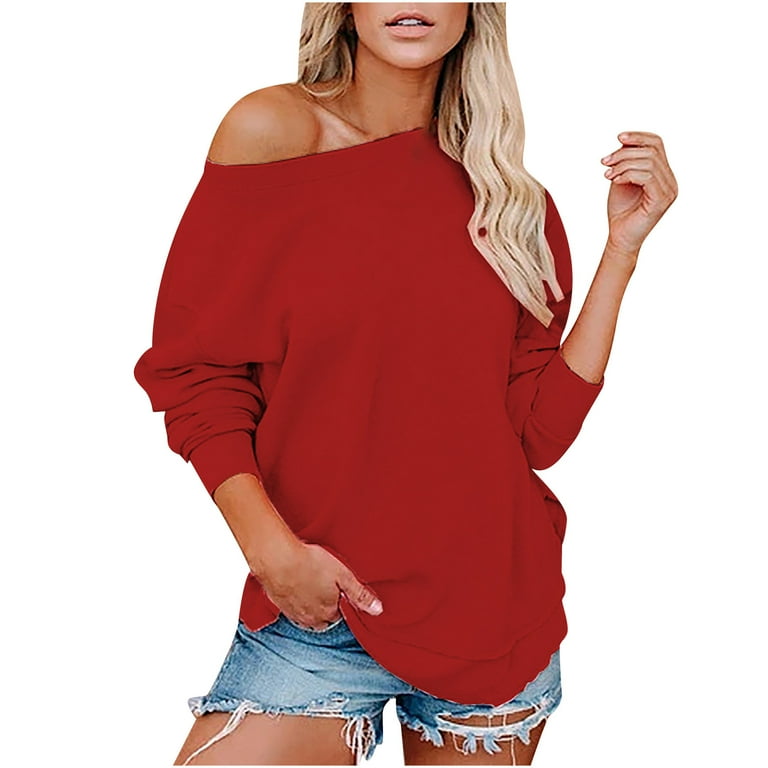 Womens Off Shoulder Hooded Sweatshirt Long Sleeve Pullover Casual Loose Sweaters Tunic Blouses Top