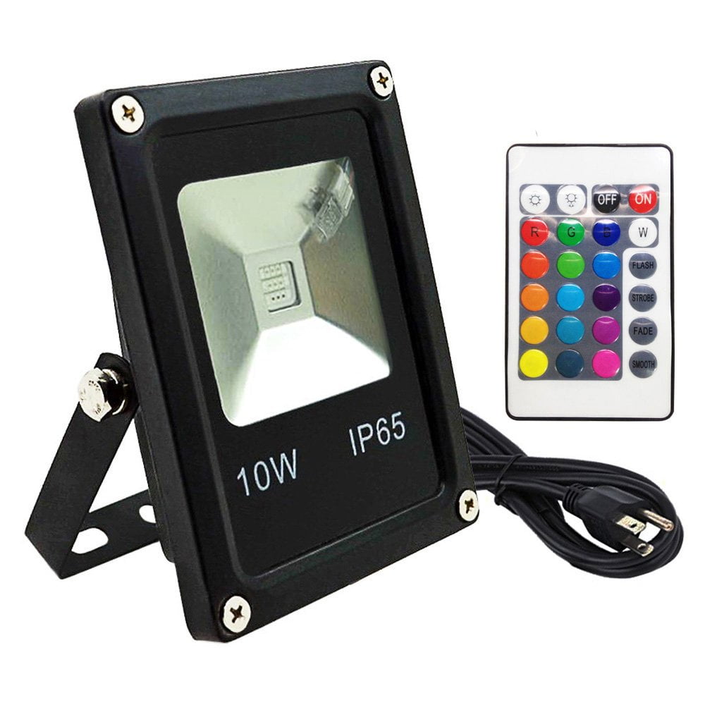 Floodoor RGB LED Flood Light,10W US 3 Prong Plug,Remote Control,16 Colors 4 Mo..