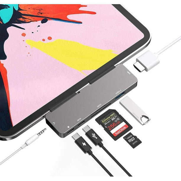Adaptador USB C HUB para iPad Pro 11 12.9 2018 2020, 7 en 1 con Audio 3.5 mm HDMI 4K USB 3.0 Carga P
