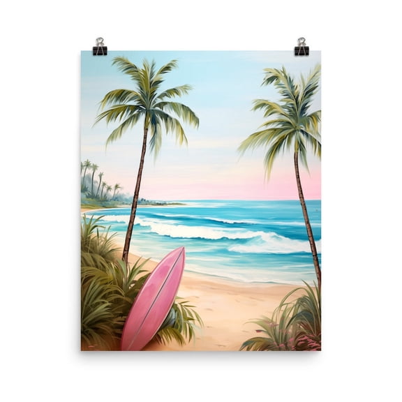 Bali Surfboard Print, Pink Surfboard Tropical Beach Wall Art, Palm Tree Coastal Poster, Southeast Asia Ocean Decor, Surf Artwork Home Decor #3283, Unframed Poster Size 8x12