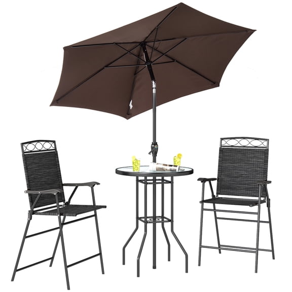 SSLZ 4 Piece Outdoor Bar Set with Umbrella, Patio Dining Set with 2 Folding Chairs, Wave Textured Tempered Glass Table for Backyard, Garden, Deck, Poolside, Black