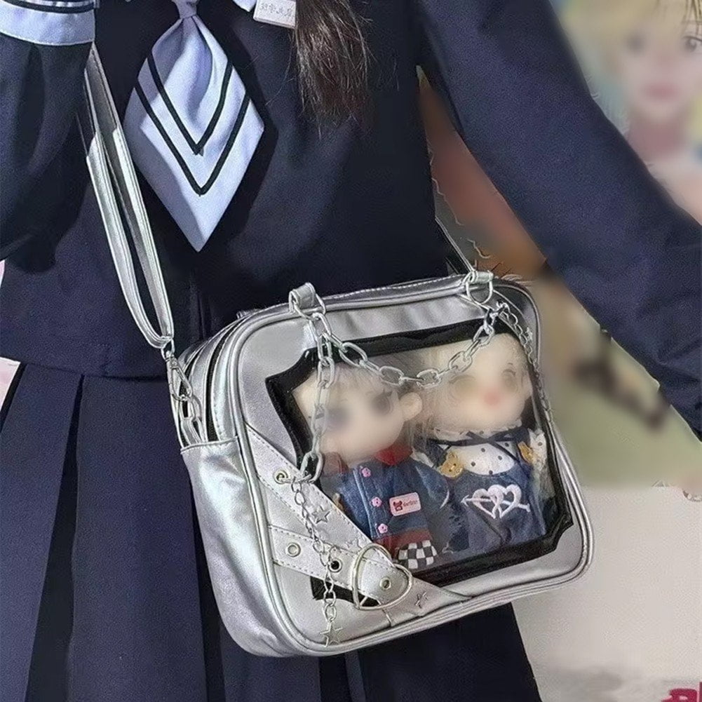 Hzzsbu Y2K Ita Bag with Display Window, Star & Heart Crossbody Purse with Metal Chain