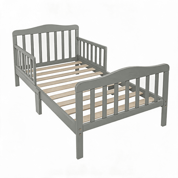 Gray Pine Wood Toddler Bed with Double Side Safety Guardrails, Low 8in Height Kids Transition Bed for Boys Girls Bedroom
