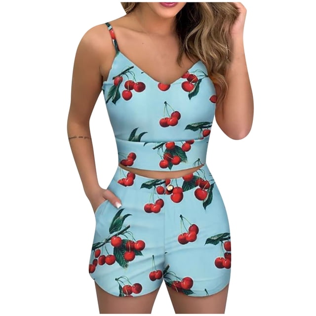 Leutsin Womens Leaf And Stripe Printed Sling Short Two-Piece Suit And Pocket