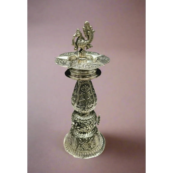 silver plated antique finish fully carved peacock diya set for housewarming/ diwali/ varalakshmi pooja