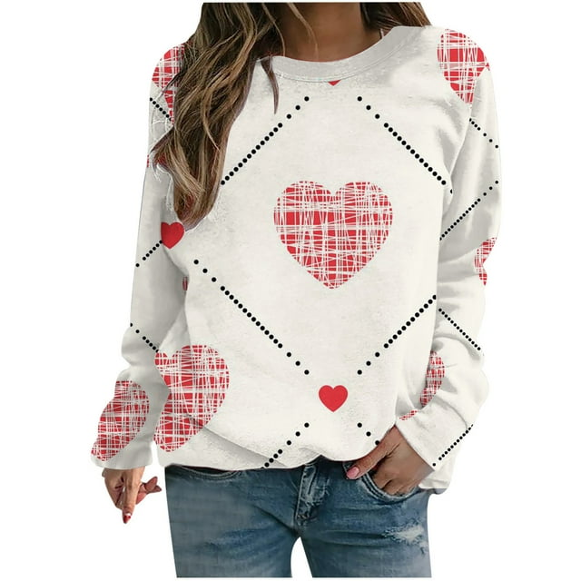 VALMASS Chandails en Molleton de la Saint-Valentin pour Femmes Manches Longues Col Rond Décontracté Mode Ample Blouses (TG, Blanc-C)