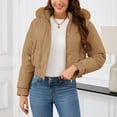 thumbnail image 4 of felwors Womens Trendy Winter Coat Lamb Fur Leather Cropped Lambswool Biker Jacket Lapel Zipper Bomber Aviator Coat Khaki, XL, 4 of 7