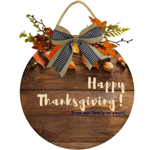 Eveokoki 11" Happy Thanksgiving Wood Hanging Sign Plaque Wooden Front Door Hanger Rustic Outdoor Wall Art for Porch Decoration Home Antique Wood Round Hello Door Sign