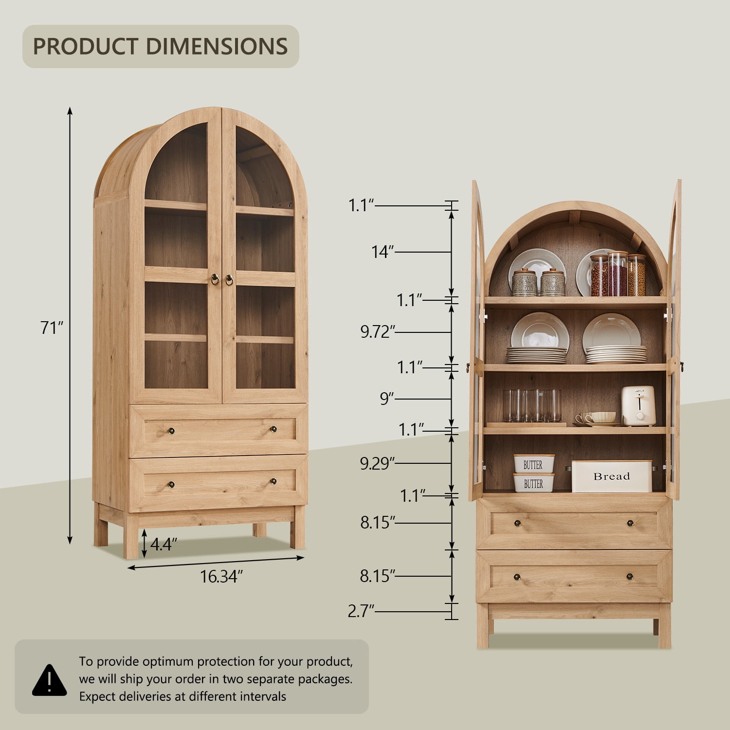 Arch Bookshelf with Storage Set of 2, Tall Bookcase with Glass Doors & Drawers