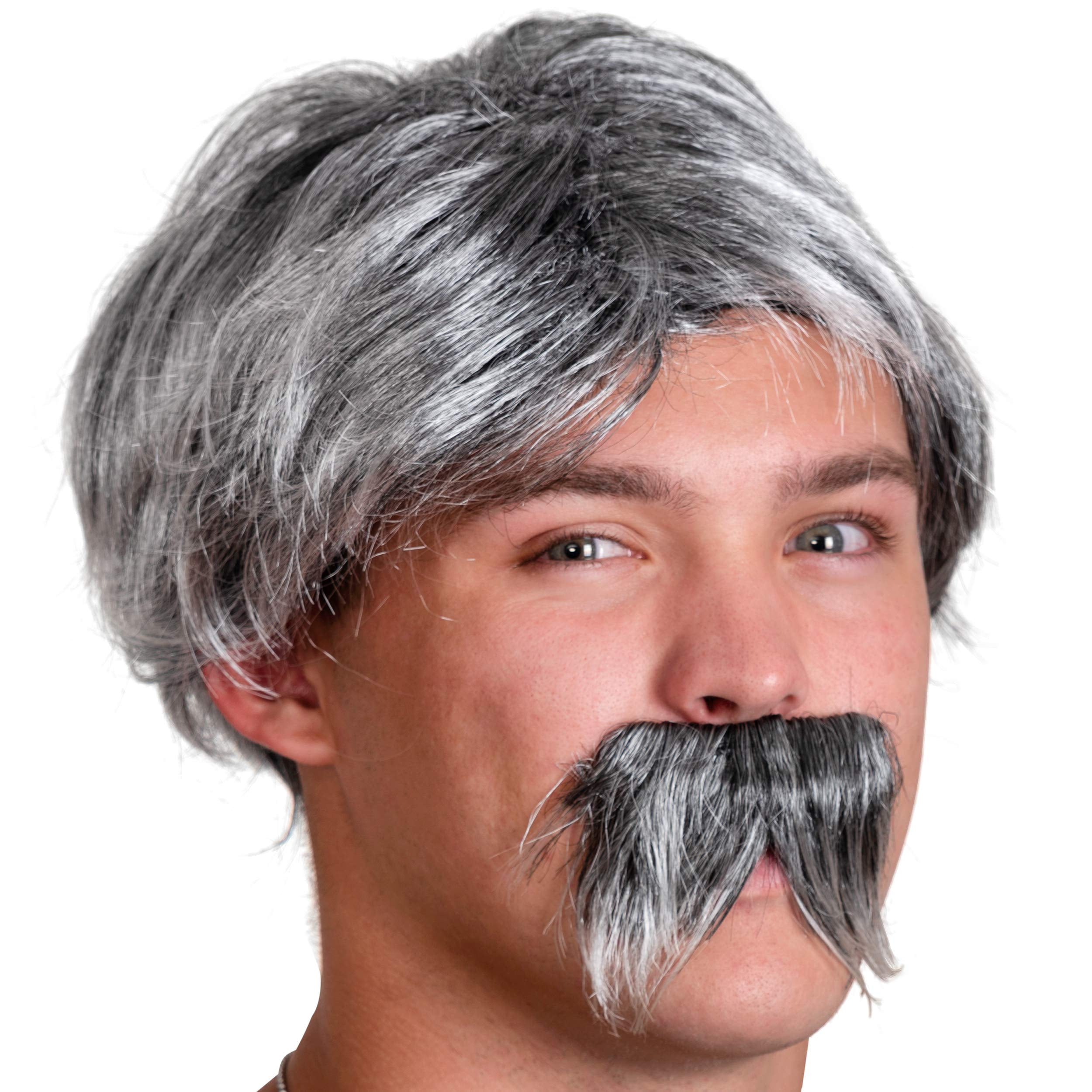Men's Grey Curly Wig and Grey Straight Moustache Set Fancy Dress Wig 