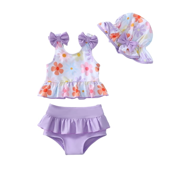 KIMI BEAR Newborn Baby Girl Swimsuit Sets 6-12 Months Bowknot Sleeveless Off the Shoulder Top   Ruffle Shorts   Hat 3pcs Baby Girl Bathing Suits Purple