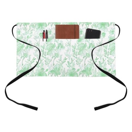 Abstract Green Floral Kitchen Restaurant Half Waist Apron Watercolor Plants Flowers Leaf Server Short Apron with 3 Pockets Waterproof Oil Waist Aprons for Women Waitress Waiter