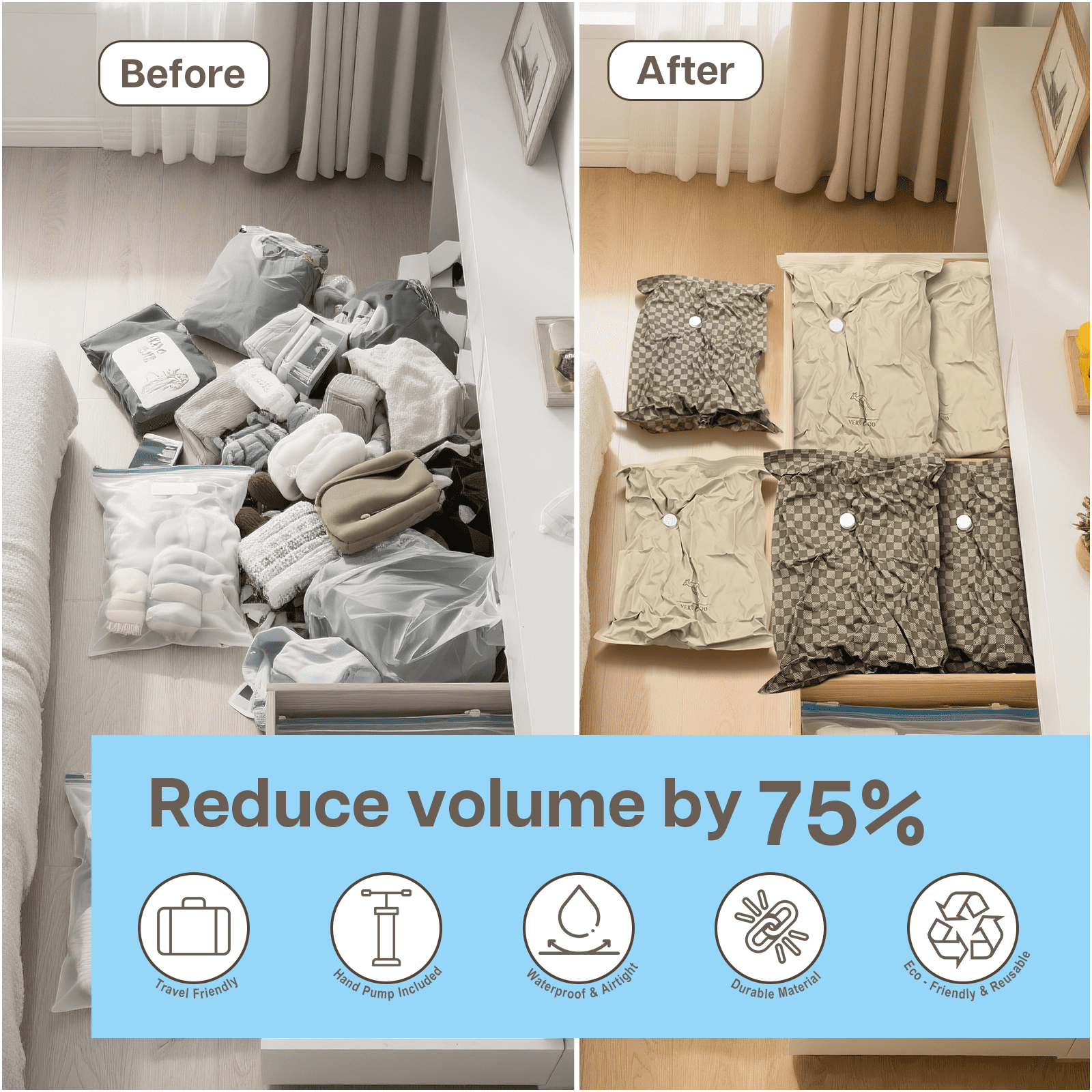 Vacuum Seal Storage Bags for Clothing & Travel (6 Pack S/M/L) – Reusable Space Saver Compression Bags for Moving & Long-Term Storage – Includes Hand Pump – Brown/Beige by MMOBIEL