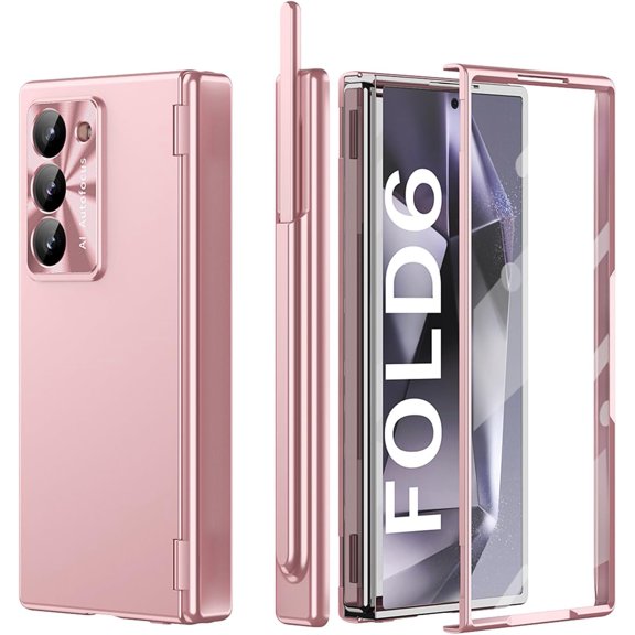 Case for Samsung Galaxy Z Fold 6, 4-in-1 Magnetic Hinge Protection Case with Lens Protection, S Pen Holder, and Screen Protector - Compatible with Samsung Galaxy Z Fold 6 5G (Rose Gold)